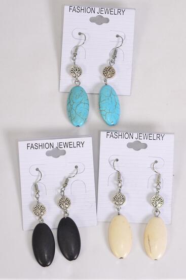 Earrings Tree of life Oval Semiprecious Stone / 12 pair = Dozen Fish Hook , Size - 1.75" x 0.75" Wide , 4 Black , 4 Ivory , 4 Turquoise Color Asst , Earring Card & OPP Bag & UPC Code 