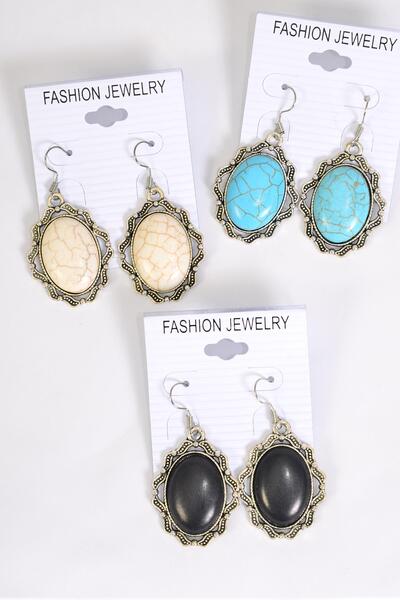 Earrings Metal Antique Semiprecious Stone / 12 pair = Dozen Fish Hook , Size - 1.25" x 1" Wide , 4 Black , 4 Ivory , 4 Turquoise Asst , Earring Card & OPP Bag & UPC Code