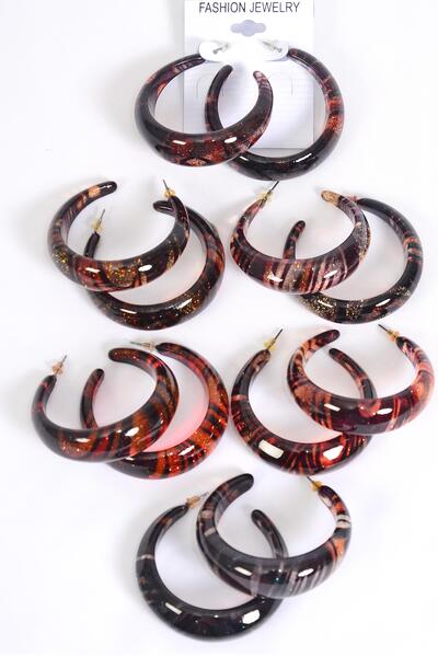 Earrings Poly Hoop Swirl Pattern Color Asst / 12 pair = Dozen match 23510 or 23506 Post , Size - 1.75" Wide , 2 of each Pattern Asst , Earring Card & OPP Bag & UPC Code