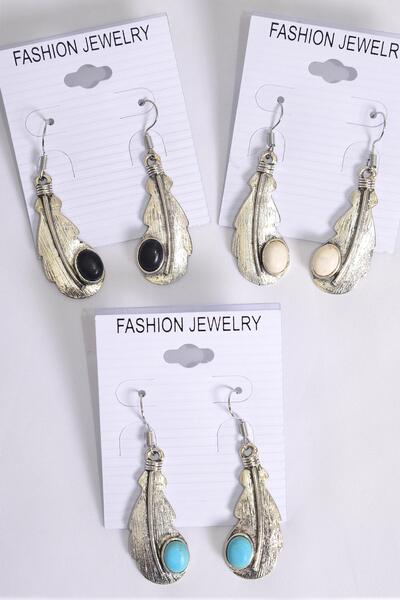 Earrings Metal Antique Feather Symbol Semiprecious Stone / 12 pair Flower = Dozen Fish Hook , Size - 1.25" x 0.75" Wide , 4 Black , 4 Ivory , 4 Turquoise Asst , Earring Card & OPP Bag & UPC Code