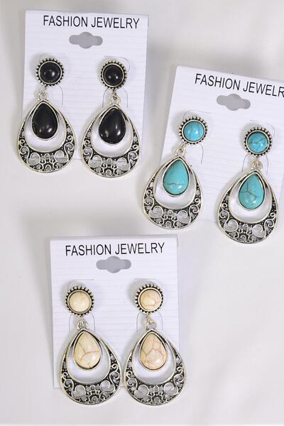 Earrings Metal Antique Teardrop Semiprecious Stone / 12 pair = Dozen Fish Hook , Size - 1.75" x 1" Wide , 4 Black , 4 Ivory , 4 Turquoise Color Asst , Earring Card & OPP Bag & UPC Code