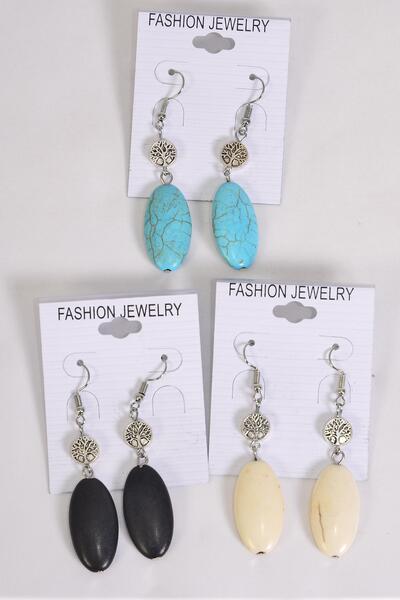 Earrings Tree of life Oval Semiprecious Stone / 12 pair = Dozen Fish Hook , Size - 1.75" x 0.75" Wide , 4 Black , 4 Ivory , 4 Turquoise Color Asst , Earring Card & OPP Bag & UPC Code 