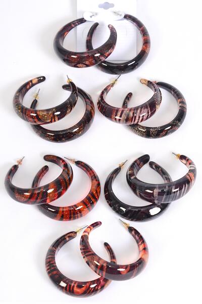 Earrings Poly Hoop Swirl Pattern Color Asst / 12 pair = Dozen match 23510 or 23506 Post , Size - 1.75" Wide ,2 of each Pattern Asst , Earring Card & OPP Bag & UPC Code