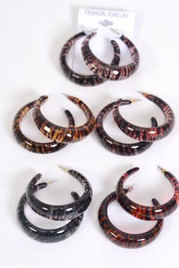 Earrings Poly Hoop Zebra Print / 12 pair = Dozen Zebra , Post , Size - 1.75" Wide , 2 of each Color Asst , Earring Card & OPP bag & UPC Code