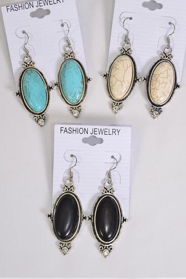 Earrings Metal Antique Oval Semiprecious Stone / 12 pair = Dozen match 76019 Fish Hook , Size - 1.75" x 1" Wide , 4 Black , 4 Ivory , 4 Turquoise Color Asst , Earring Card & OPP Bag & UPC Code