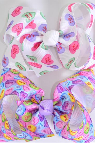 Hair Bow Jumbo Hug and Kisses Heart Mix Grosgrain Bow-tie / 12 pcs Bow = Dozen Alligator Clip , Bow - 6" x 5" Wide , 6 Of Each Pattern Asst , Clip Strip & UPC Code