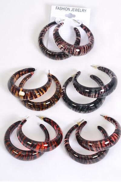 Earrings Poly Hoop Zebra Print / 12 pair = Dozen Zebra , Post , Size - 1.75" Wide , 2 of each Color Asst , Earring Card & OPP bag & UPC Code