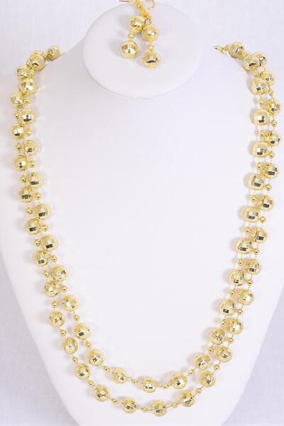 Necklace Sets Gold Diamond Cut Beads Gold / 12 pcs = Dozen  Gold , 48" Long , Hang Tag & Opp Bag & UPC Code