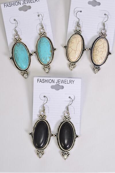 Earrings Metal Antique Oval Semiprecious Stone / 12 pair = Dozen match 76019 Fish Hook , Size - 1.75" x 1" Wide , 4 Black , 4 Ivory , 4 Turquoise Color Asst , Earring Card & OPP Bag & UPC Code