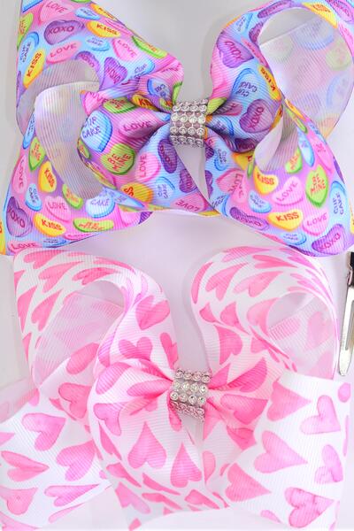 Hair Bow Jumbo Hugg Kiss Heart Love Words Mix Grosgrain Bow-tie / 12 pcs Bow = Dozen Alligator Clip , Size - 6" x 5" Wide , 6 of each Pattern Asst , Clip Strip & UPC Code