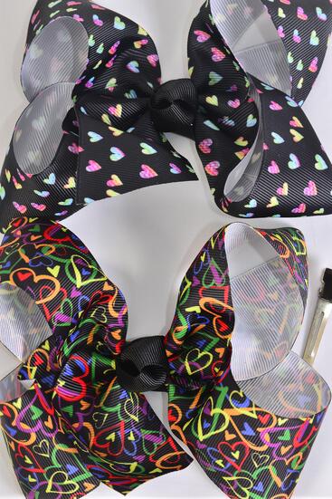 Hair Bow Jumbo Multi Hearts Mix Black Grosgrain Bow-tie / 12 pcs Bow = Dozen  Alligator Clip , Size - 6" x 5" Wide , 6 of each Pattern Asst , Clip Strip & UPC Code