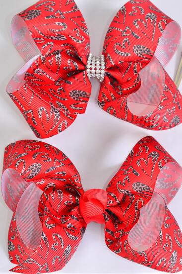 Hair Bow Jumbo Red w Leopard Heart Grosgrain Bow-tie / 12 pcs Bow = Dozen Alligator Clip , Size - 6" x 5" Wide , 6 of Each Pattern , Clip Strip and UPC Code