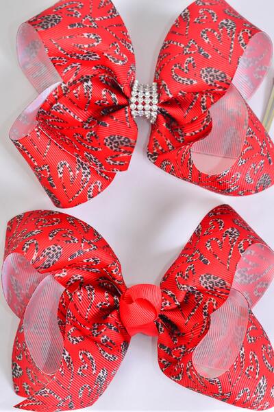 Hair Bow Jumbo Red w Leopard Heart Grosgrain Bow-tie / 12 pcs Bow = Dozen Alligator Clip , Size - 6" x 5" Wide , 6 of Each Pattern , Clip Strip and UPC Code