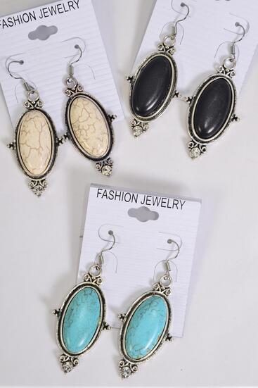 Earrings Metal Antique Oval Semiprecious Stone / 12 pair = Dozen match 76019 Fish Hook , Size - 1.75" x 1" Wide , 4 Black , 4 Ivory , 4 Turquoise Color Asst , Earring Card & OPP Bag & UPC Code