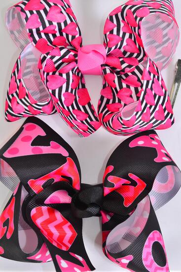 Hair Bow Jumbo Hearts Grosgrain Bow-tie / 12 pcs Bow = Dozen  Alligator Clip , Bow - 6" x 5" Wide , 6 Of Each Pattern Asst , Clip Strip & UPC Code