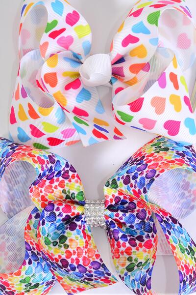 Hair Bow Jumbo Multi Hearts Valentines Grosgrain Bow-tie / 12 pcs Bow = Dozen  Alligator Clip , Bow - 6" x 5" Wide , 6 Of Each Pattern Asst , Clip Strip & UPC Code