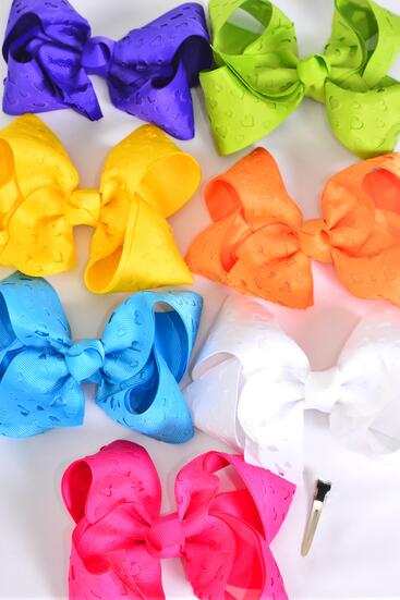 Hair Bow Jumbo Double Layered Heart Citrus Grosgrain Bow-tie / 12 pcs Bow = Dozen Alligator Clip , Size - 6" x 5" Wide , 2 White , 2 Fuchsia , 2 Purple , 2 Yellow , 2 Blue , 1 Lime ,1 Orange Color Asst , Clip Strip & UPC Code