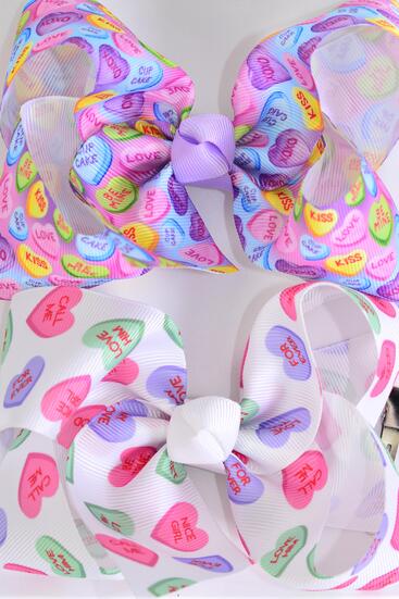 Hair Bow Jumbo Hug and Kisses Heart Mix Grosgrain Bow-tie / 12 pcs Bow = Dozen Alligator Clip , Bow - 6" x 5" Wide , 6 Of Each Pattern Asst , Clip Strip & UPC Code