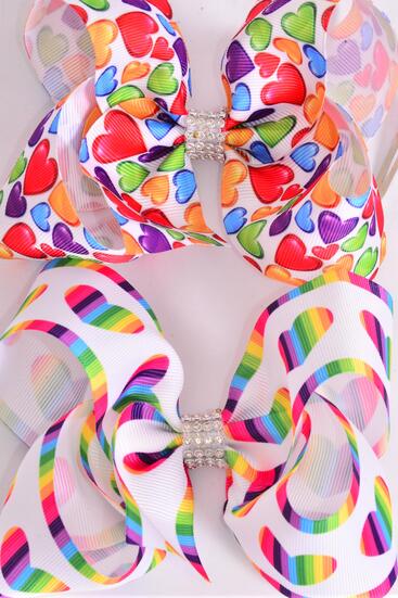 Hair Bow Jumbo Multi Hearts Grosgrain Bow-tie / 12 pcs Bow = Dozen Heart , Alligator Clip , Size - 6" x 5" Wide , 6 of each Pattern Asst , Clip Strip & UPC Code