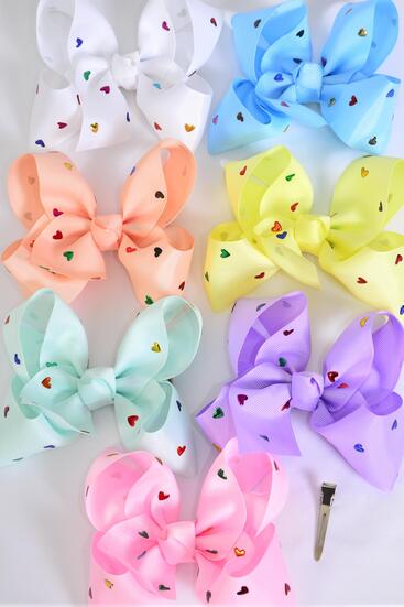 Hair Bow Jumbo Metallic Heart Studded Grosgrain Bow-tie / 12 pcs Bow = Dozen Alligator Clip , Size - 6" x 5", 2 White , 2 Baby Pink , 2 Lavender , 2 Blue , 2 Yellow , 1 Peach , 1 Mint Green Color Asst , Clip Strip & UPC Code