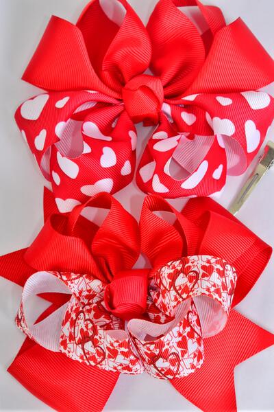 Hair Bow Jumbo Hearts Grosgrain Bow-tie / 12 pcs Bow = Dozen  Alligator Clip , Size - 6" x 5" Wide , 6 of each Pattern Asst , Clip Strip and UPC Code