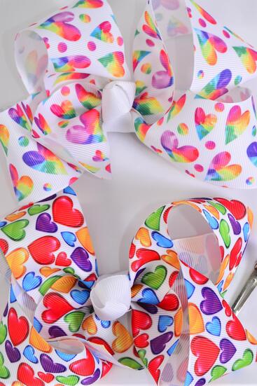 Hair Bow Jumbo Multi Hearts Grosgrain Bow-tie / 12 pcs Bow = Dozen Alligator Clip , Size - 6" x 5" Wide , 6 of each Pattern Asst , Clip Strip & UPC Code