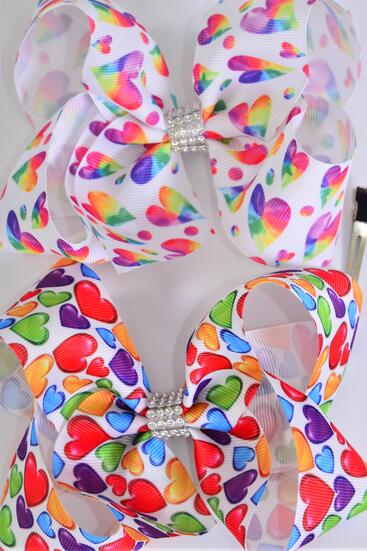 Hair Bow Jumbo Multi Hearts Grosgrain Bow-tie / 12 pcs Bow = Dozen Alligator Clip , Size - 6" x 5" Wide , 6 of each Pattern Asst , Clip Strip & UPC Code