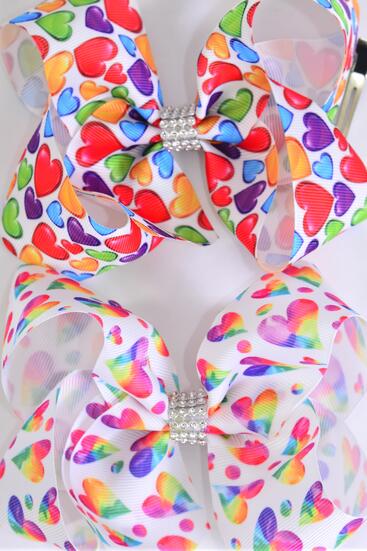 Hair Bow Jumbo Multi Hearts Grosgrain Bow-tie / 12 pcs Bow = Dozen Alligator Clip , Size - 6" x 5" Wide , 6 of each Pattern Asst , Clip Strip & UPC Code