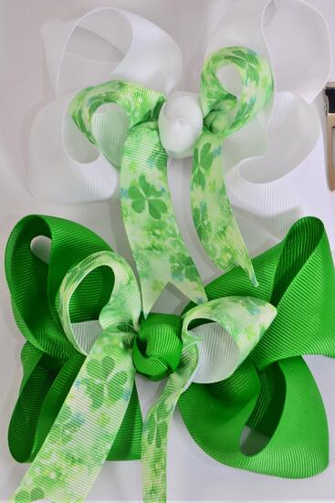Hair Bow Jumbo Double Layered Shamrock Grosgrain Bow-tie / 12 pcs Bow = Dozen Alligator Clip , Size - 6" x 5" Wide , 6 of each Color Asst , Clip Strip & UPC Code