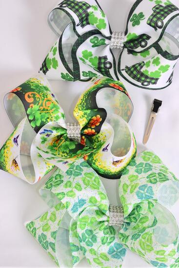 Hair Bow Jumbo Bow Shamrock Grosgrain Bow-tie / 12 pcs Bow = Dozen Alligator Clip , Size - 6" x 5" Wide , 6 of each Pattern Asst , Clip Strip & UPC Code