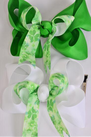 Hair Bow Jumbo Double Layered Bow Shamrock Grosgrain Bow-tie / 12 pcs Bow = Dozen Alligator Clip , Size - 6" x 5" Wide , 6 of each Pattern Asst , Clip Strip and UPC Code