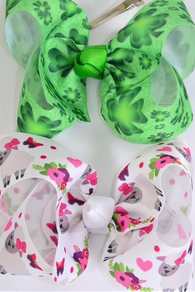 Hair Bow Jumbo Clover Cute Sheep Mix Grosgrain Bow-tie/ 12 pcs Bow = Dozen Alligator Clip , Size - 6" x 5" Wide , 6 Of Each Pattern Asst , Clip Strip and UPC Code