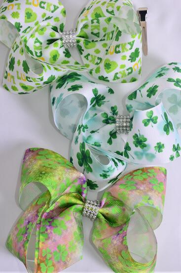 Hair Bow Jumbo Clover Shamrock Mix St Patricks Day Grosgrain Bow-tie / 12 pcs Bow = Dozen Alligator Clip , Size - 6" x 5" Wide , 4 Of Each Pattern Asst , Clip Strip and UPC Code