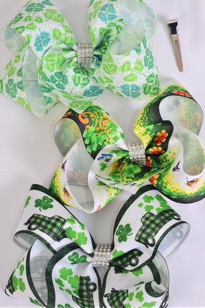  Hair Bow Jumbo Clover Shamrock Grosgrain Bow-tie / 12 pcs Bow = Dozen  Alligator Clip , Size - 6" x 5" Wide , 4 Of Each Pattern Asst , Clip Strip and UPC Code