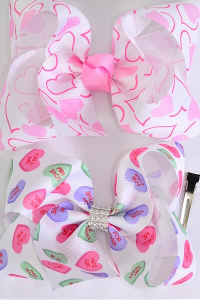 Hair Bow Jumbo Pastel Hearts Hug & Kiss Grosgrain Bow-tie / 12 pcs Bow = Dozen  Alligator Clip , Size - 6" x 5" Wide , 6 Of Each Pattern Asst , Clip Strip & UPC Code