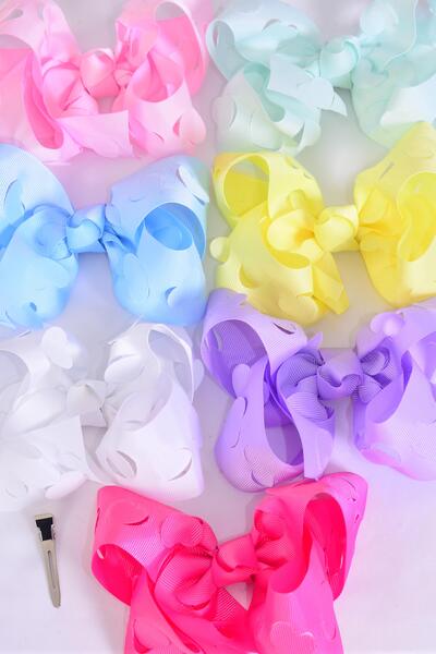 Hair Bow Jumbo Heart Grosgrain Bow-tie Pastel / 12 pcs Bow = Dozen Alligator Clip , Size - 6" x 5" Wide , 2 White , 2 Pink , 1 Blue , 1 Yellow , 2 Lavender , 2 Hot Pink , 2 Mint Green Mix Asst , Clip Strip & UPC Code