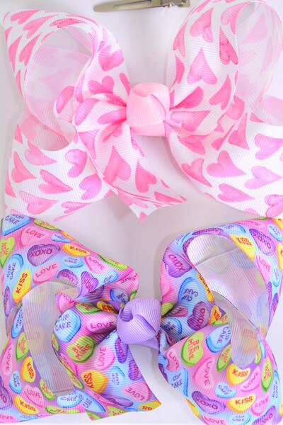 Hair Bow Jumbo Hugg Kiss Heart Love Words Mix Grosgrain Bow-tie / 12 pcs Bow = Dozen Alligator Clip , Size - 6" x 5" Wide , 6 of each Pattern Asst , Clip Strip & UPC Code