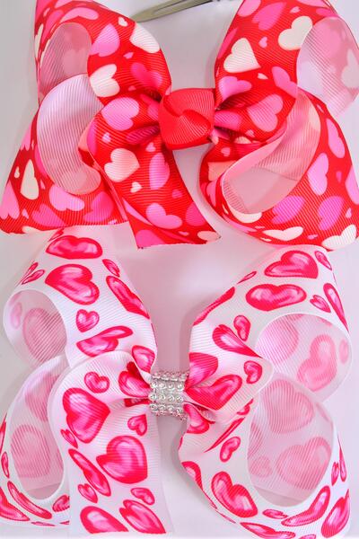 Hair Bow Jumbo Heart Pattern Mix Grosgrain Bow-tie / 12 pcs Bow = Dozen Alligator Clip , Size - 6" x 5" Wide , 6 of each Pattern Asst , Clip Strip & UPC Code
