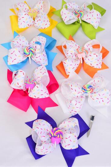 Hair Bow Jumbo Double Layered Jimmies Sprinkles Lollipop Charm Grosgrain Bow-tie Multi / 12 pcs Bow = Dozen  Alligator Clip , Bow Size - 6" x 5" Wide , 2 White , 2 Fuchsia , 2 Purple , 2 Yellow , 2 Blue, 1 Lime , 1 Orange Color Asst , Hang Tag & OPP Bag