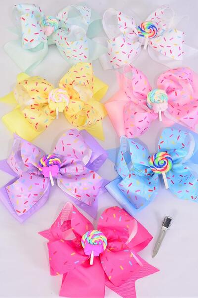 Hair Bow Jumbo Double Layered Sprinkles w Lollipop Charm Grosgrain Bow-tie Pastel / 12 pcs Bow = Dozen  Alligator Clip , Size - 6" x 5" , 2 White , 2 Baby Pink , 2 Lavender , 2 Hot Pink , 2 Mint Green, 1 Blue , 1 Yellow Color Asst , Clip Strip & UPC Code