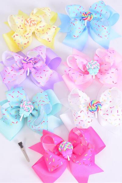 Hair Bow Jumbo Double Layered Jimmies Sprinkles Lollipop Charm Grosgrain Bow-tie Pastel / 12 pcs Bow = Dozen Alligator Clip , Size - 6" x 5" , 2 White , 2 Baby Pink , 2 Lavender , 2 Hot Pink , 2 Mint Green, 1 Blue , 1 Yellow Color Asst , Clip Strip & UPC Code