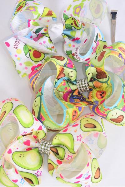 Hair Bow Jumbo Avocadorable Grosgrain Bow-tie / 12 pcs Bow = Dozen Alligator Clip , Size- 6" x 5" Wide , 4 Of Each Pattern Asst , Clip Strip & UPC Code