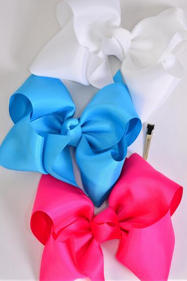 Hair Bow Extra Jumbo Cheer Type Bow Fuchsia White Turquoise Color Mix Grosgrain Bow-tie / 12 pcs Bow = Dozen Alligator Clip , Size - 8" x 7" Wide , 4 Fuchsia , 4 White , 4 Turquoise Color Asst , Clip Strip & UPC Code