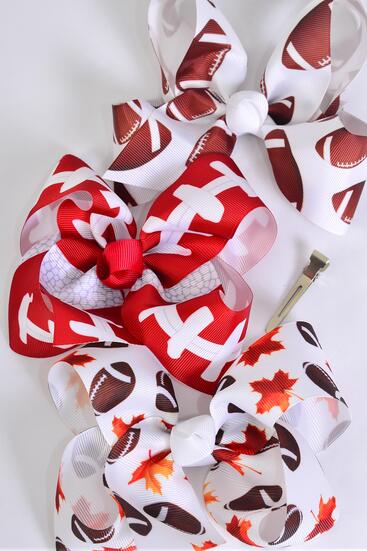 Hair Bow Jumbo Football Pattern Mix Grosgrain Bow-tie / 12 pcs Bow = Dozen Football , Alligator Clip , Bow - 6" x 5" Wide , 4 of each Pattern Asst , Clip Strip & UPC Code