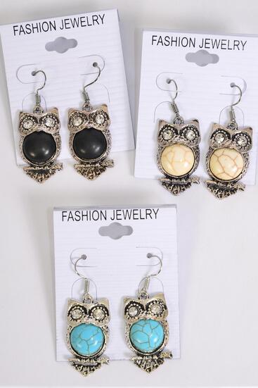 Earrings Metal Antique Owl Semiprecious Stone / 12 pair = Dozen  match 70302 Fish Hook , Size -1.25" x 0.75" Wide , 4 Black , 4 Ivory , 4 Turquoise Asst , Earring Card & OPP Bag & UPC Code -