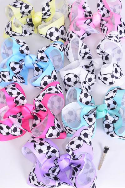 Hair Bow Jumbo Soccer Grosgrain Bow-tie Pastel / 12 pcs Bow = Dozen Alligator Clip , Bow Size - 6" x 5" Wide , 2 Pink ,1 Blue , 1Yellow , 2 Lavender , 2 White , 2 Mint , 2 Hot Pink Color Mix , Clip Strip & UPC Code