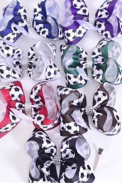 Hair Bow Jumbo Soccer Dark Multi Grosgrain Bow-tie / 12 pcs Bow = Dozen  Alligator Clip , Size - 6"x 5" Wide , 2 Black , 2 Brown , 2 Purple , 2 Burgundy , 2 Navy , 1 Hunter Green , 1 Gray Color Asst , Clip Strip & UPC Code