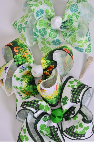 Hair Bow Jumbo Clover Shamrock Pattern Mix Grosgrain Bow-tie / 12 pcs Bow = Dozen Alligator Clip , Size - 6" x 5" Wide , 4 Of Each Pattern Asst , Clip Strip and UPC Code