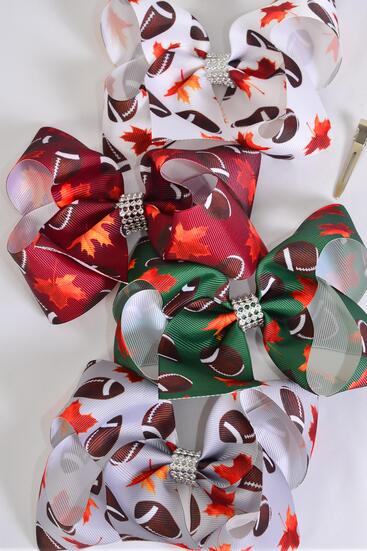 Hair Bow Jumbo Football Pattern Mix Grosgrain Bow-tie / 12 pcs Bow = Dozen Football , Alligator Clip , Bow - 6" x 5" Wide , 3 of each Pattern Asst , Clip Strip & UPC Code