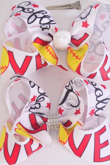Hair Bow Jumbo Love Softball Grosgrain Bow-tie / 12 pcs Bow = Dozen Alligator Clip , Size - 6" x 5" Wide , 6 Of each Pattern Asst , Clip Strip & UPC Code